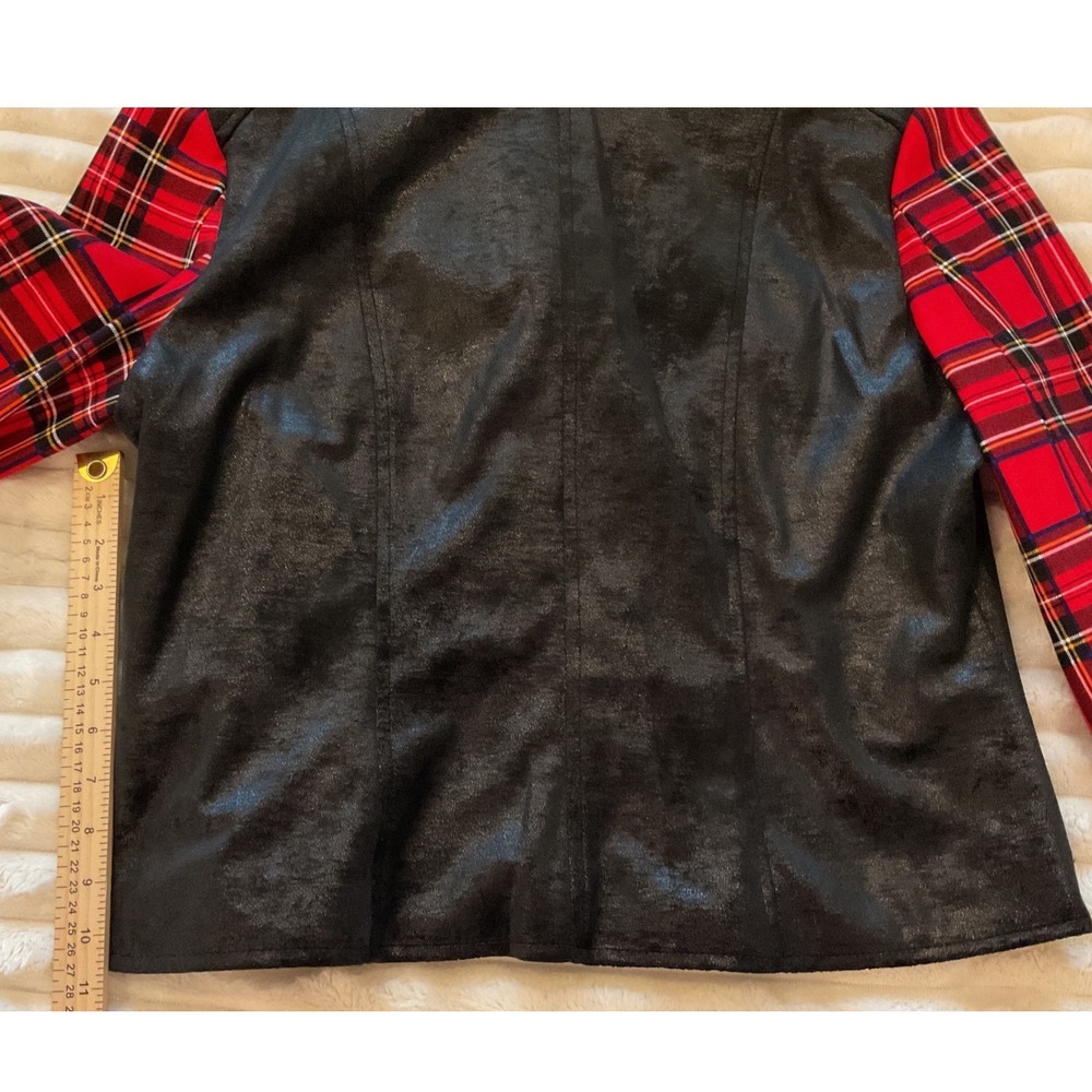 Nygard Womens Black Faux Suede Moto Jacket Red Plaid Sleeves Size L Mixed Media - Picture 7 of 9